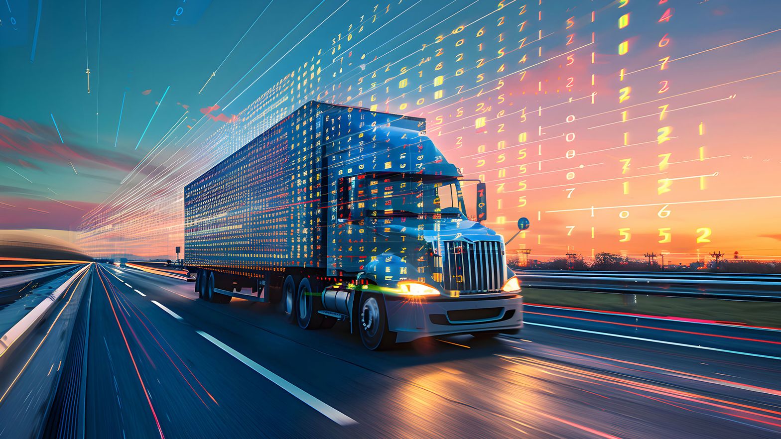 Modern digital logistics operations center with multiple screens displaying transport routes and tracking information